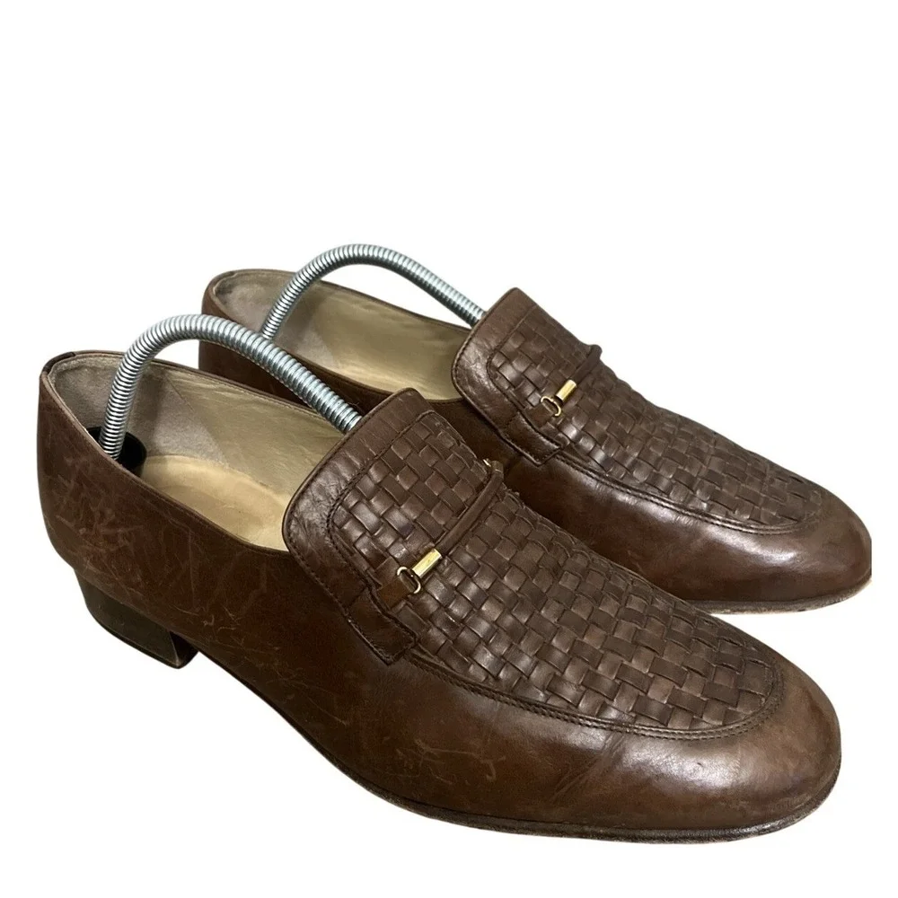 Pucci Loafers Mens 10 Brown Woven Leather Gold Bar Slip On Made in Italy Vintage